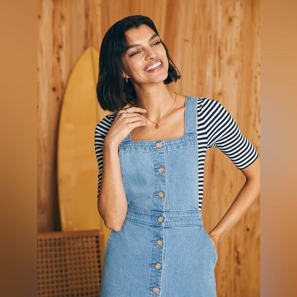 Faherty Organic Cotton Denim Remi Dress Blue Hanalei Wash Midi Pockets Jumper - Picture 5 of 15